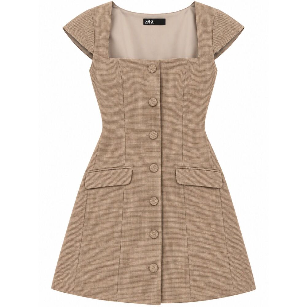 Zara Brown Micro Check Mini Dress M Square Neck Button Front Tailored Preppy